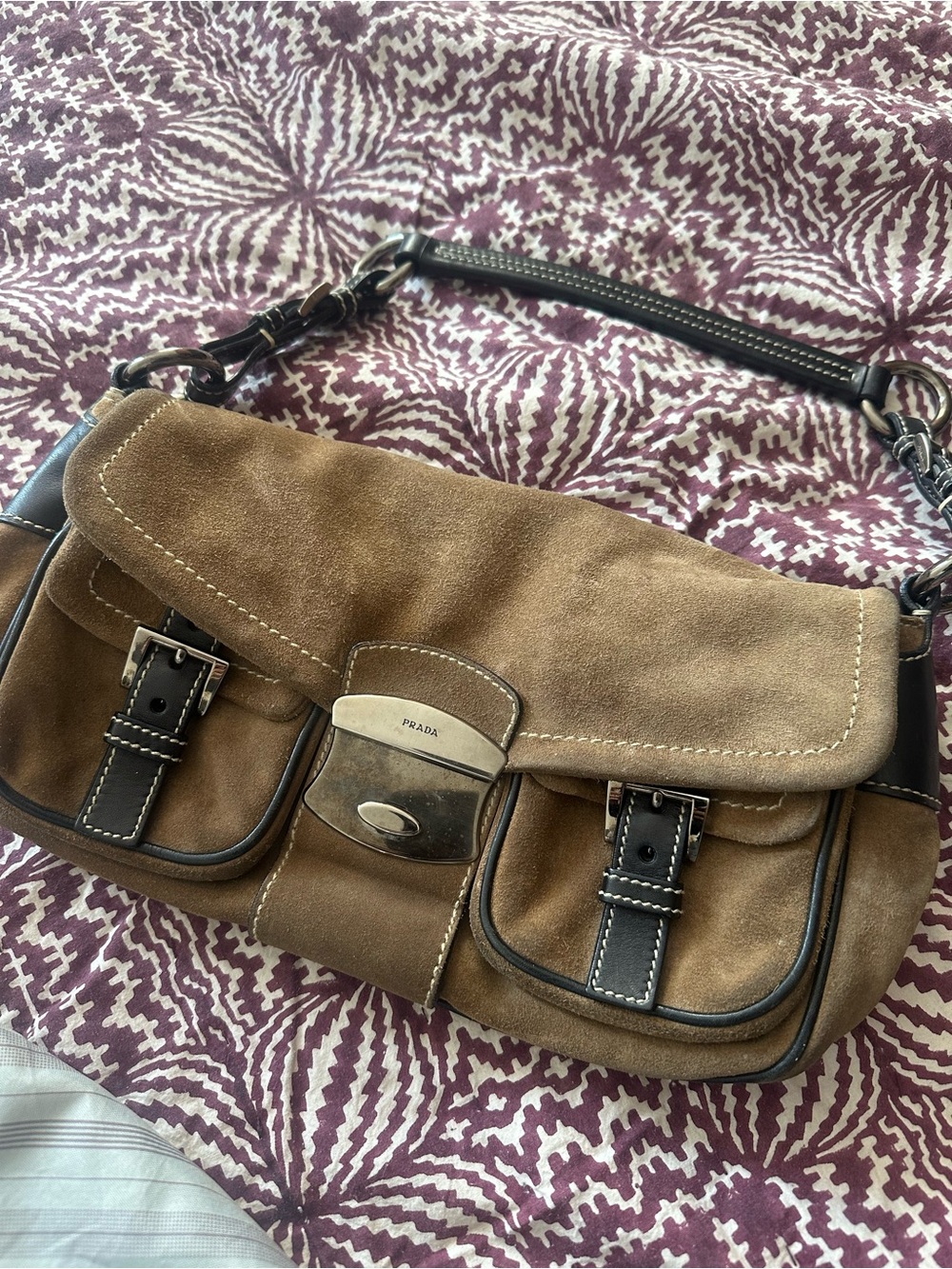 Prada Suede Shoulder Bag in Brown with Black Trim